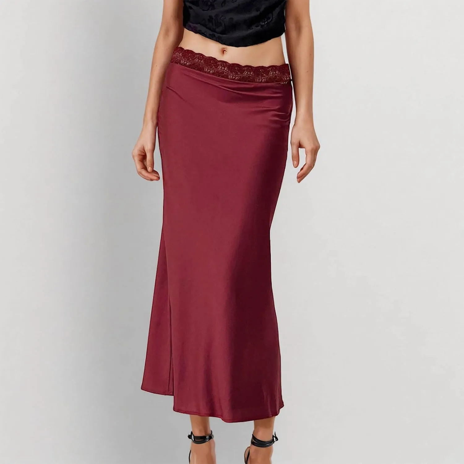 Womens Satin Silk Maxi Skirts Flared Dressy Casual Cocktail Party Evening Lace High Waist A-Line Mermaid Long Skirt