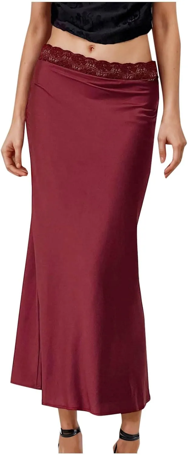 Womens Satin Silk Maxi Skirts Flared Dressy Casual Cocktail Party Evening Lace High Waist A-Line Mermaid Long Skirt