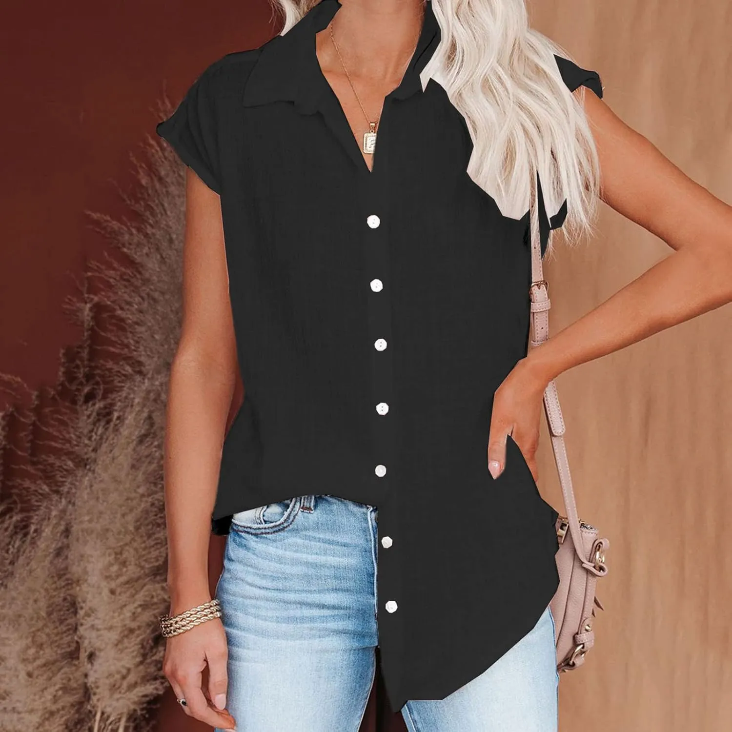 Women's Short Sleeve Cotton Linen Shirt Casual Crewneck Oversized T-Shirt Buttons Loose Summer Tops