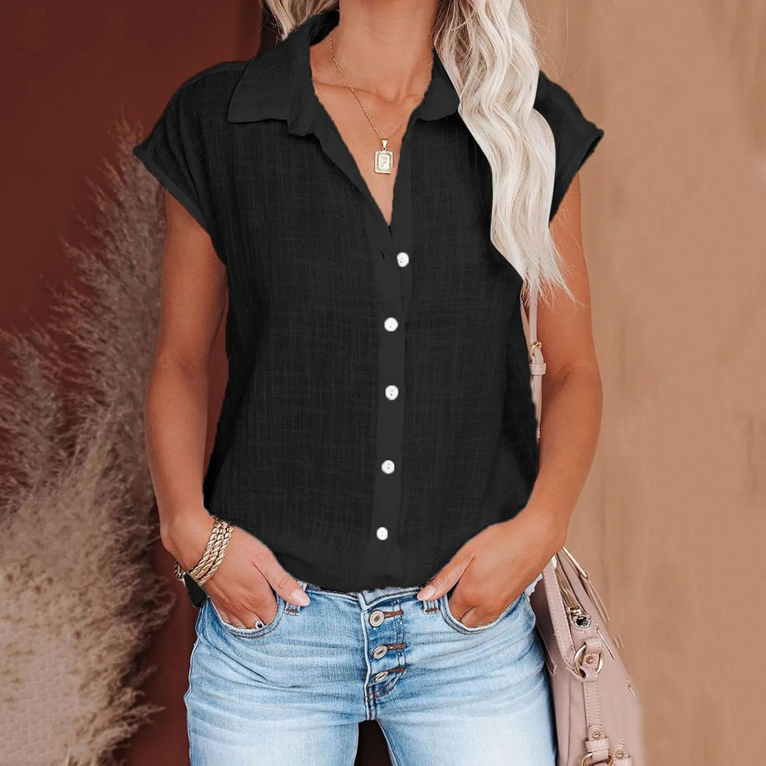 Women's Short Sleeve Cotton Linen Shirt Casual Crewneck Oversized T-Shirt Buttons Loose Summer Tops