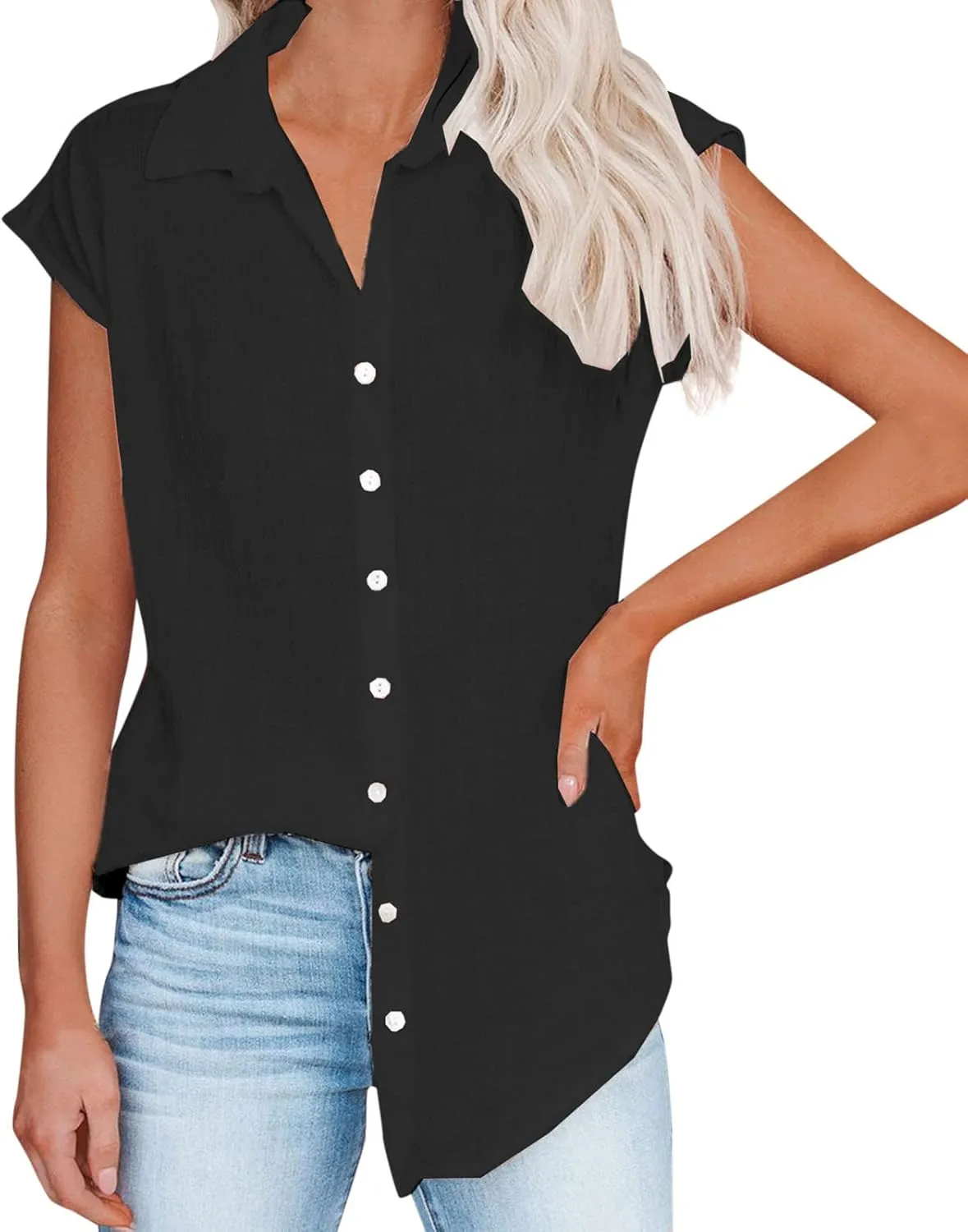 Women's Short Sleeve Cotton Linen Shirt Casual Crewneck Oversized T-Shirt Buttons Loose Summer Tops