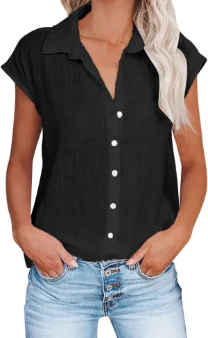 Women's Short Sleeve Cotton Linen Shirt Casual Crewneck Oversized T-Shirt Buttons Loose Summer Tops
