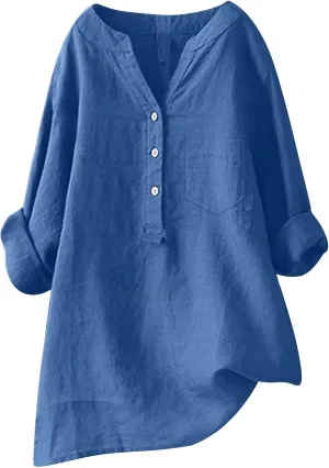 Women's Short Sleeve Cotton Linen Shirt Casual V Neck Trendy T Shirt Collared Button Down Loose Summer Tops