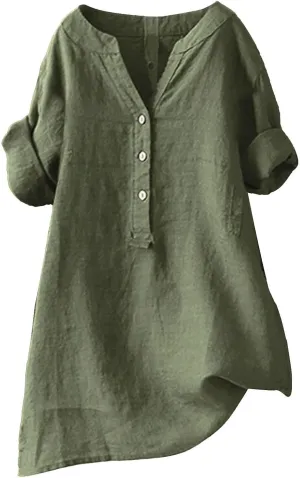 Women's Short Sleeve Cotton Linen Shirts Casual Crewneck Oversized T Shirts Solid Loose Summer Tee Top