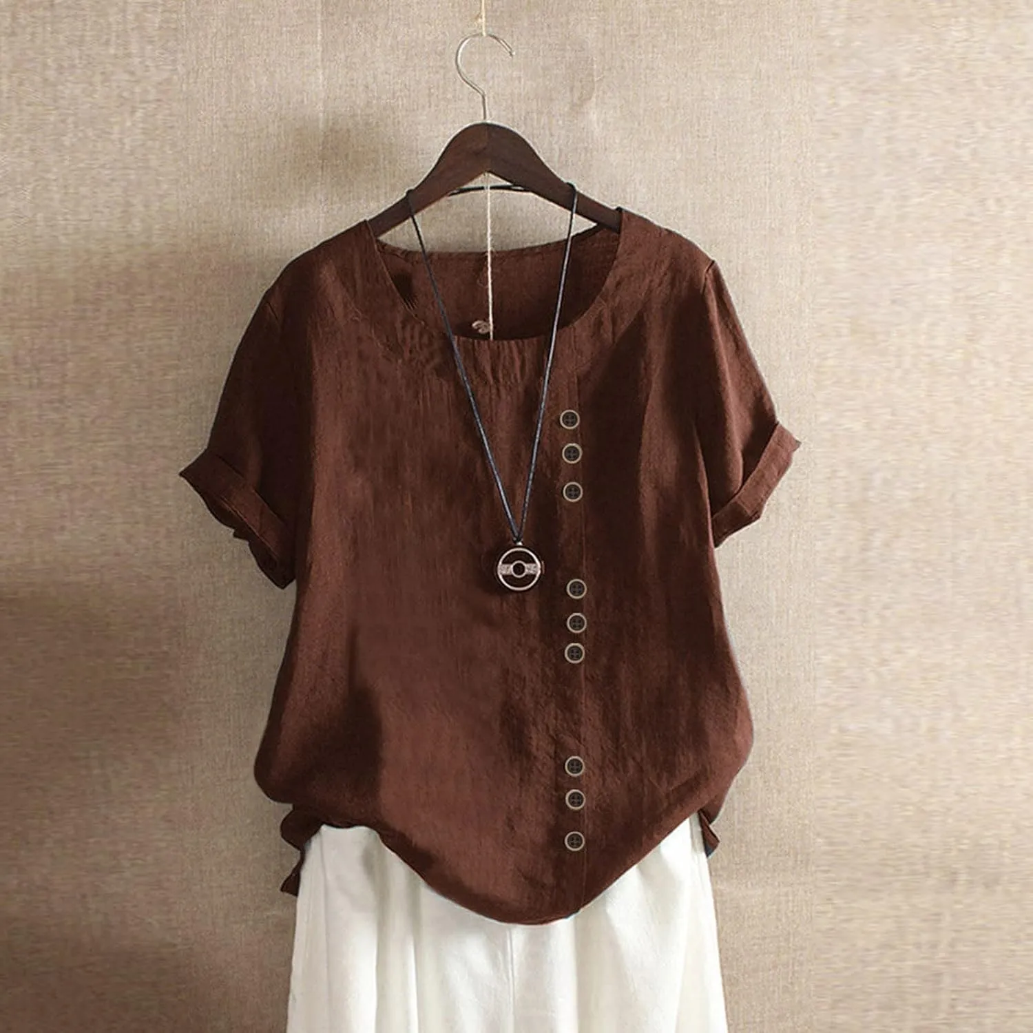Women's Short Sleeve Linen Shirt Casual Round Neck Soft T-Shirts Floral Loose Summer Tee Top