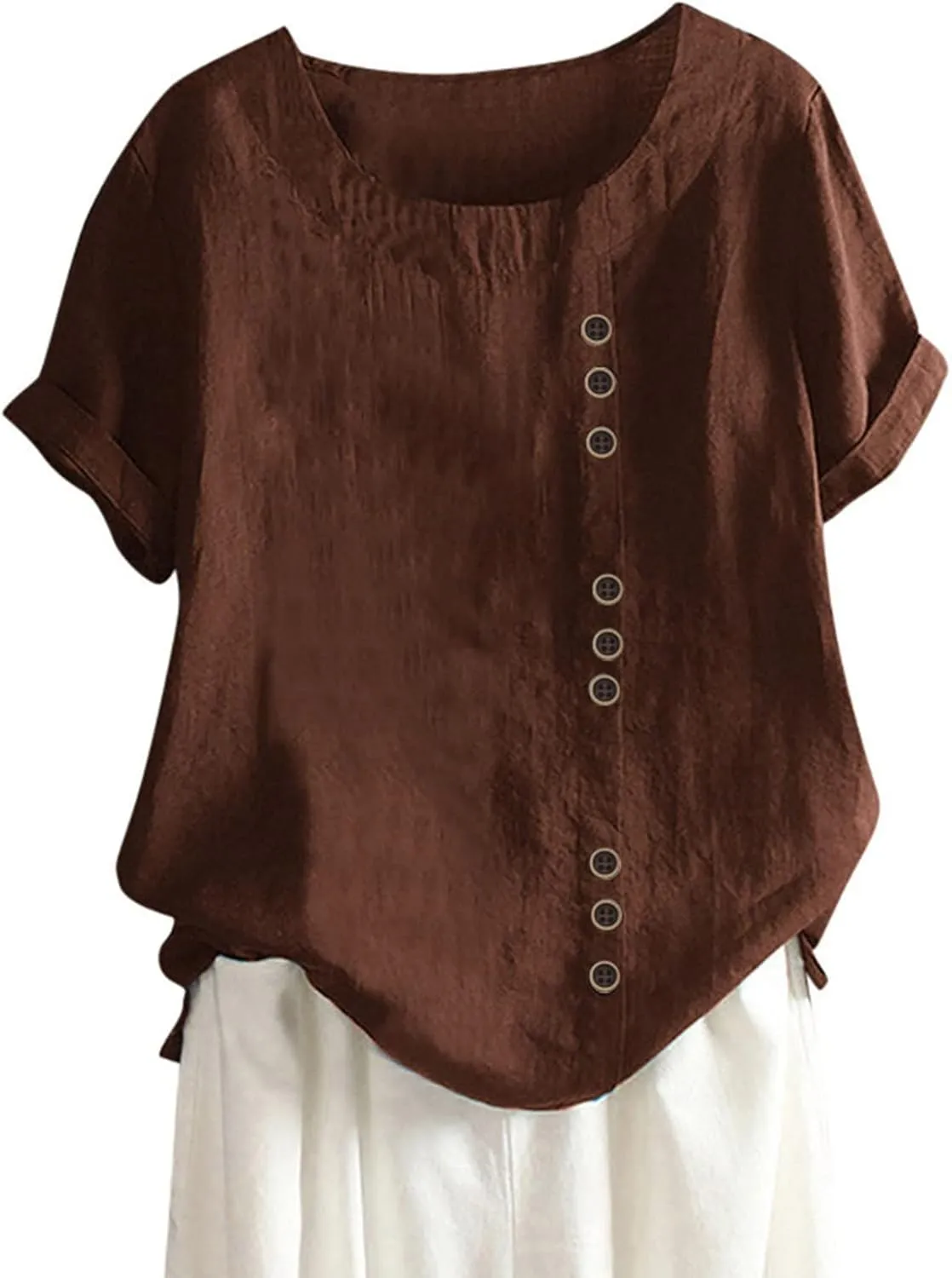 Women's Short Sleeve Linen Shirt Casual Round Neck Soft T-Shirts Floral Loose Summer Tee Top