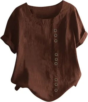 Women's Short Sleeve Linen Shirt Casual Round Neck Soft T-Shirts Floral Loose Summer Tee Top