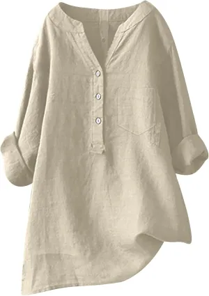 Women's Short Sleeve Linen Shirts Casual V Neck Henley T-Shirts Embroidery Floral Loose Fit Summer Tee Shirts