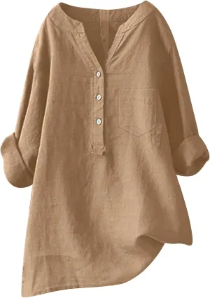 Women's Short Sleeve Linen Shirts Casual V Neck Henley T-Shirts Embroidery Floral Loose Fit Summer Tee Shirts
