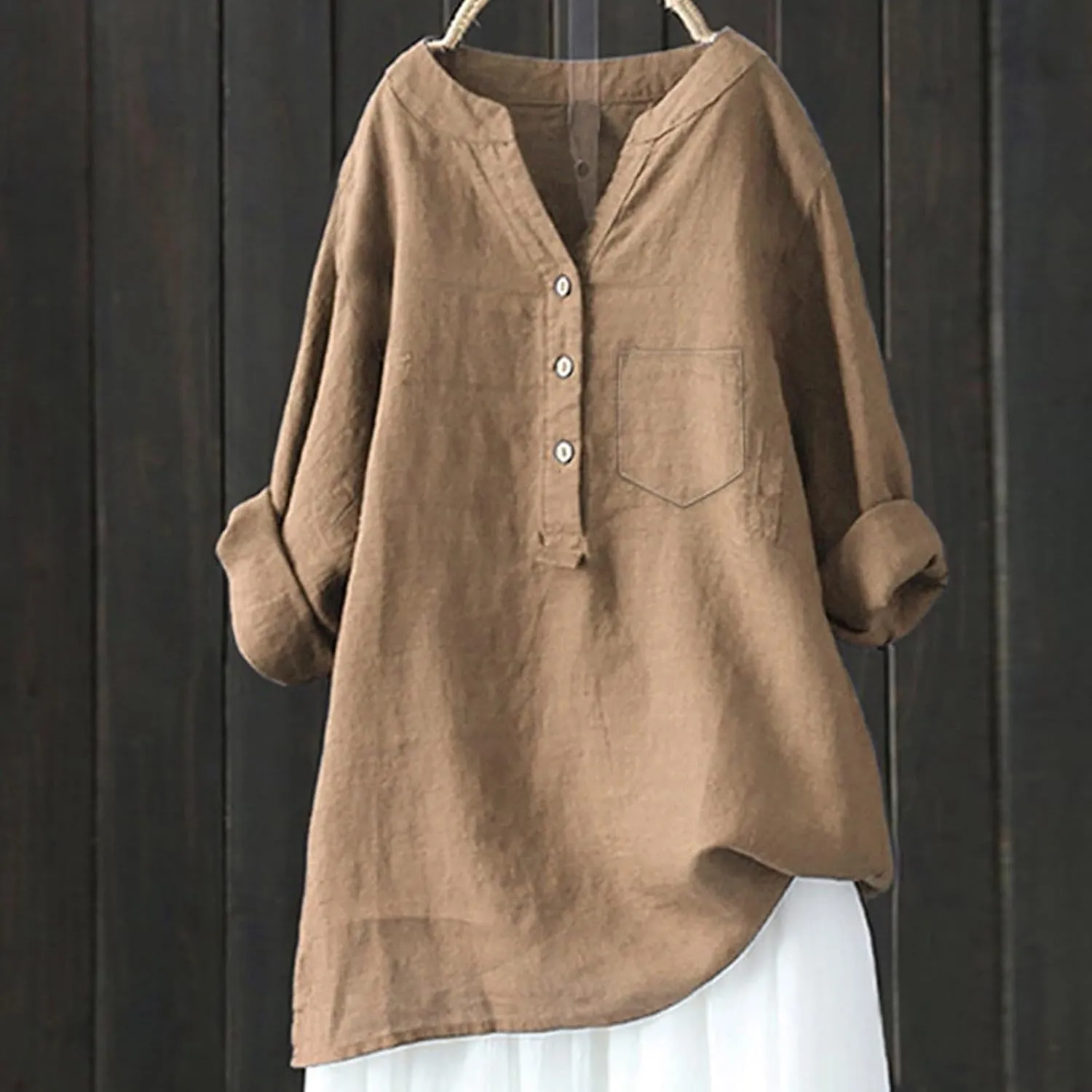 Women's Short Sleeve Linen Shirts Casual V Neck Henley T-Shirts Embroidery Floral Loose Fit Summer Tee Shirts