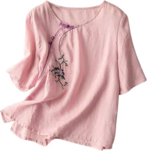 Women's Short Sleeve Linen Shirts Casual V-Neck Oversized T-Shirts Solid Loose Fit Summer Tee Shirts