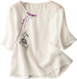 Women's Short Sleeve Linen Shirts Casual V-Neck Oversized T-Shirts Solid Loose Fit Summer Tee Shirts