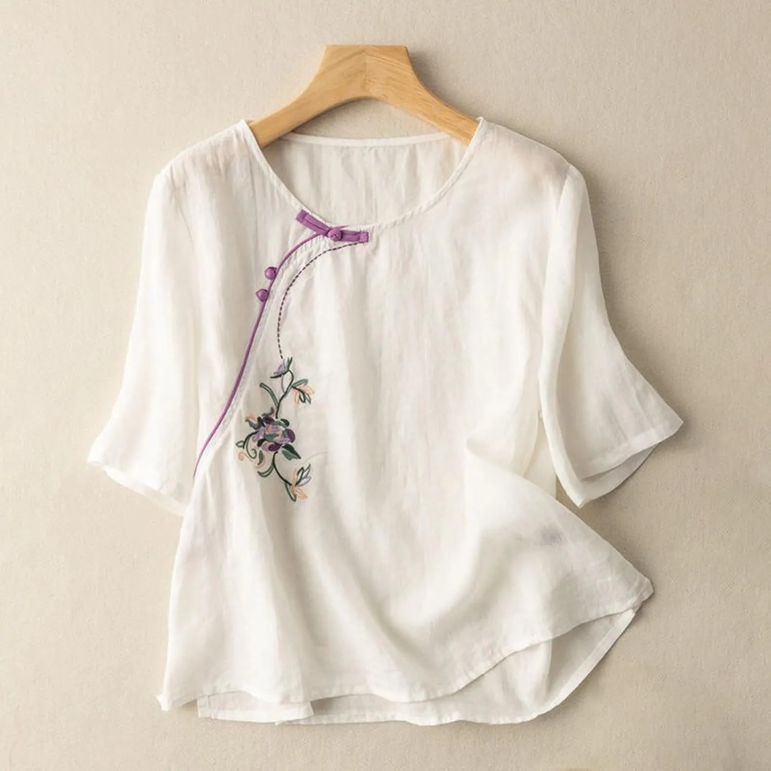 Women's Short Sleeve Linen Shirts Casual V-Neck Oversized T-Shirts Solid Loose Fit Summer Tee Shirts