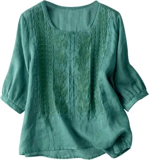 Women's Short Sleeve Linen Shirts Casual V-Neck Oversized T-Shirts Solid Loose Fit Summer Tee Shirts