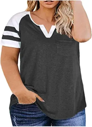 Women's Short Sleeve Plus Size T Shirts Loose Fit V Neck Color Block Tee Blouses 2025 Trendy Summer Oversized Tops