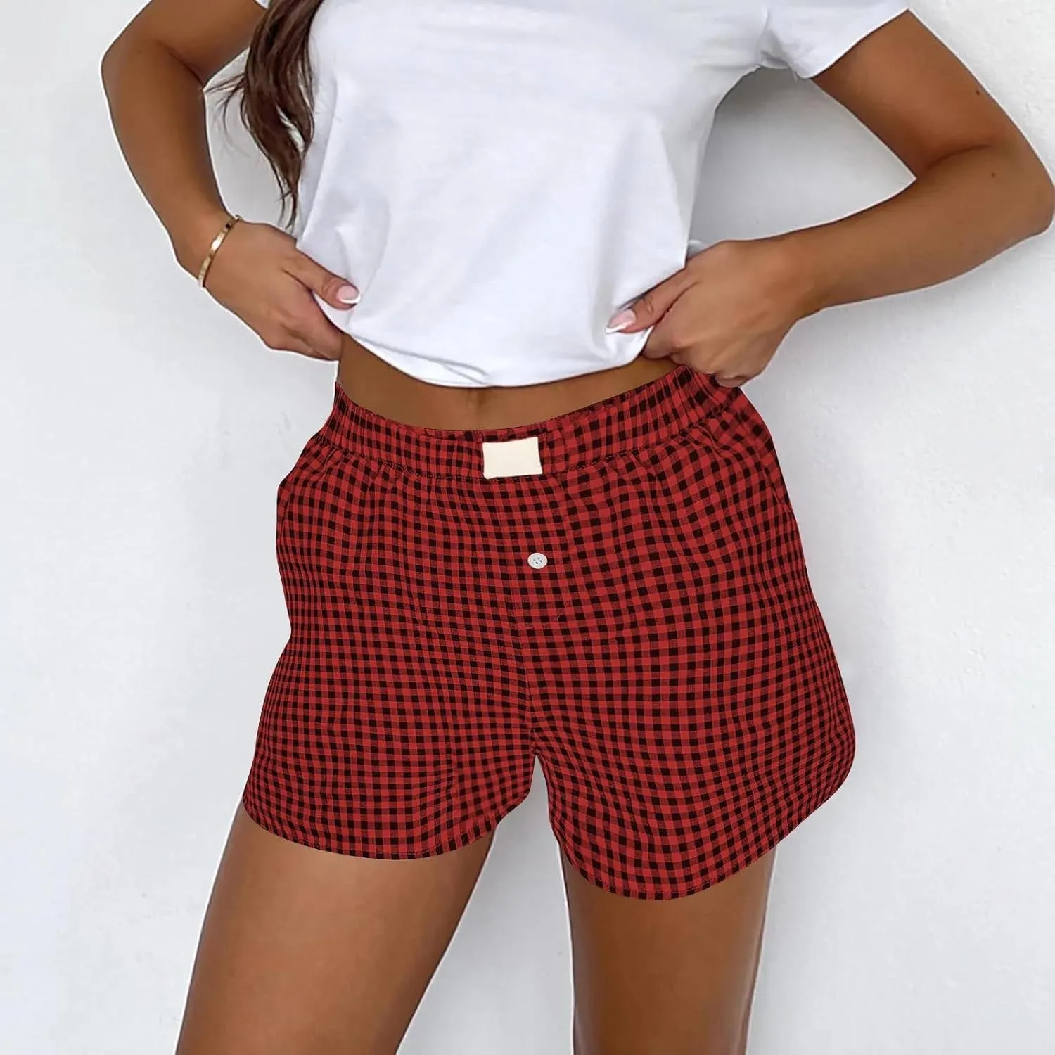 Womens Shorts Boxers 2025 Summer Gingham Pajama Lounge Sleep Y2K Plaid Pj Shorts Beach Bottoms