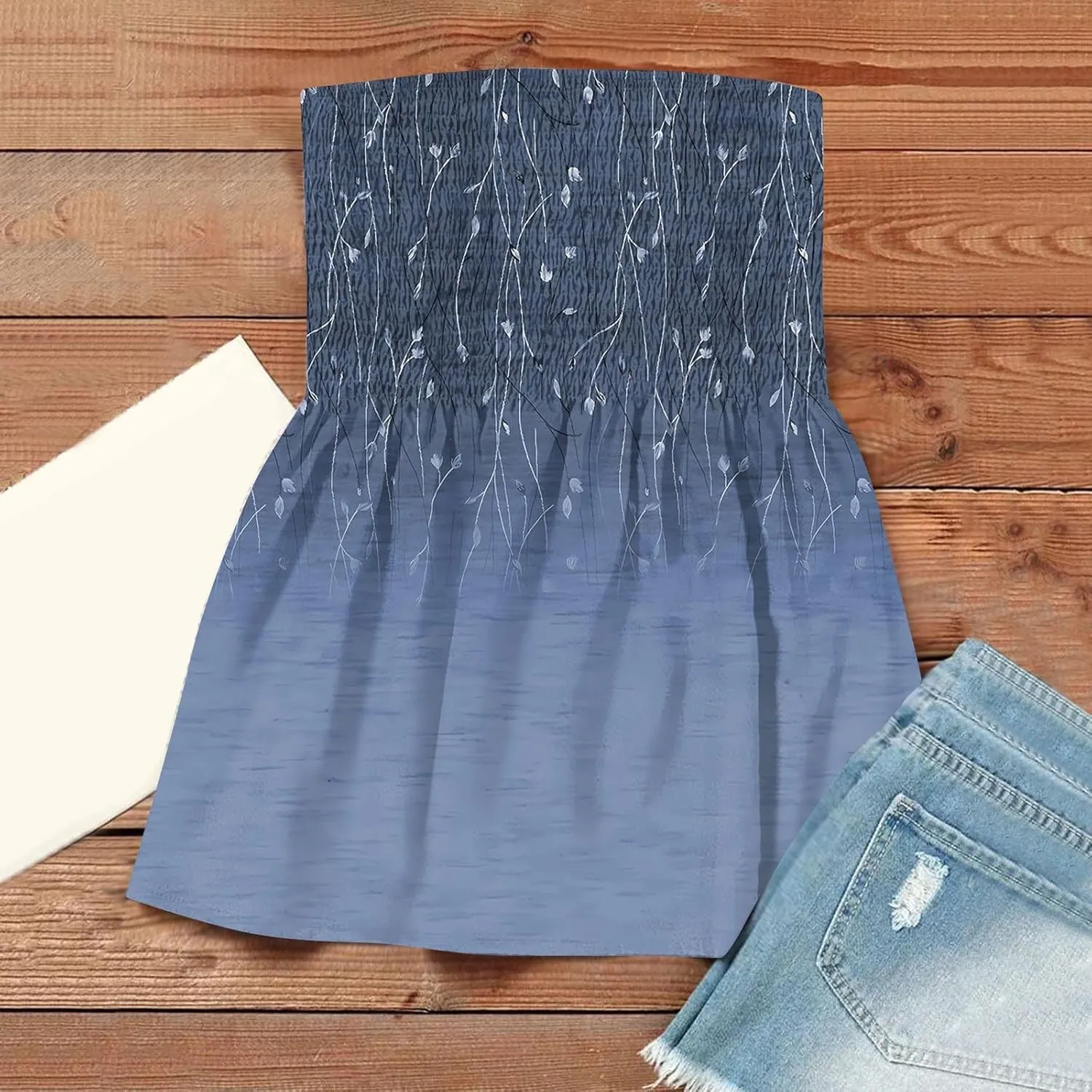 Womens Strapless Bandeau Tank Tops Tube Tops Floral Tanks Smocked Ruffled Backless Casual Bandeau Sleeveless Shirts