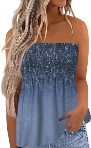Womens Strapless Bandeau Tank Tops Tube Tops Floral Tanks Smocked Ruffled Backless Casual Bandeau Sleeveless Shirts