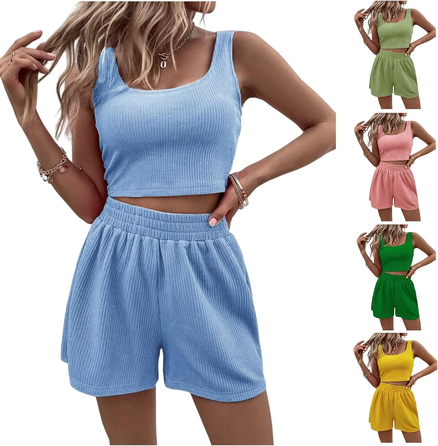 Women's Summer 2 Piece Outfits Sleeveless Crop Top and High Waisted Short Lounge Set Tracksuits Sweatsuits Loungewear