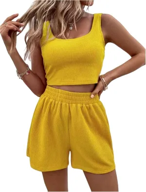 Women's Summer 2 Piece Outfits Sleeveless Crop Top and High Waisted Short Lounge Set Tracksuits Sweatsuits Loungewear