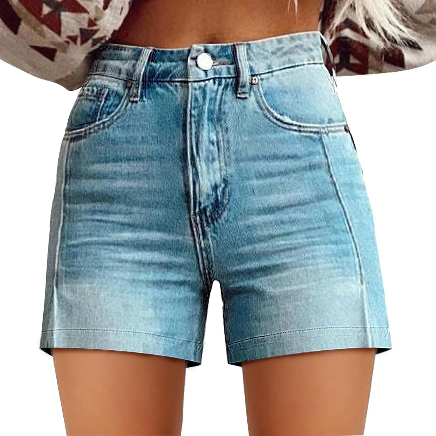 Women's Summer Denim Shorts Mid Waisted Stretchy Casual ArtRetro Printed Floral Workout Outfits Jean with Pockets