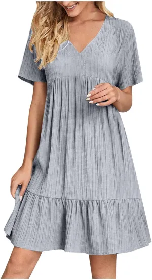 Womens Summer Dress Short Sleeve V Neck Midi Dresses Fashion Casual Fit Flowy Tiered Boho Beach Vacation Sundress