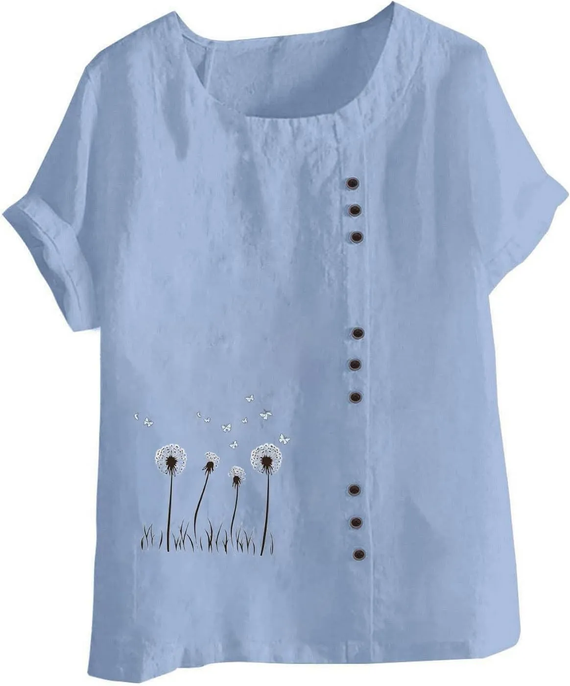 Womens Summer Gauze Tops Cotton Linen T Shirts Short Sleeve Round Neck Floral Embroidery Tee Retro Tunic Shirt