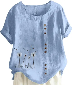 Womens Summer Gauze Tops Cotton Linen T Shirts Short Sleeve Round Neck Floral Embroidery Tee Retro Tunic Shirt