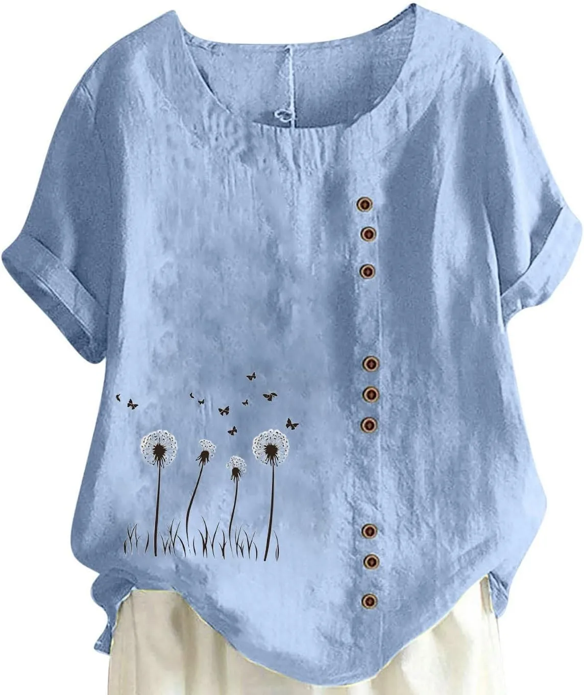 Womens Summer Gauze Tops Cotton Linen T Shirts Short Sleeve Round Neck Floral Embroidery Tee Retro Tunic Shirt