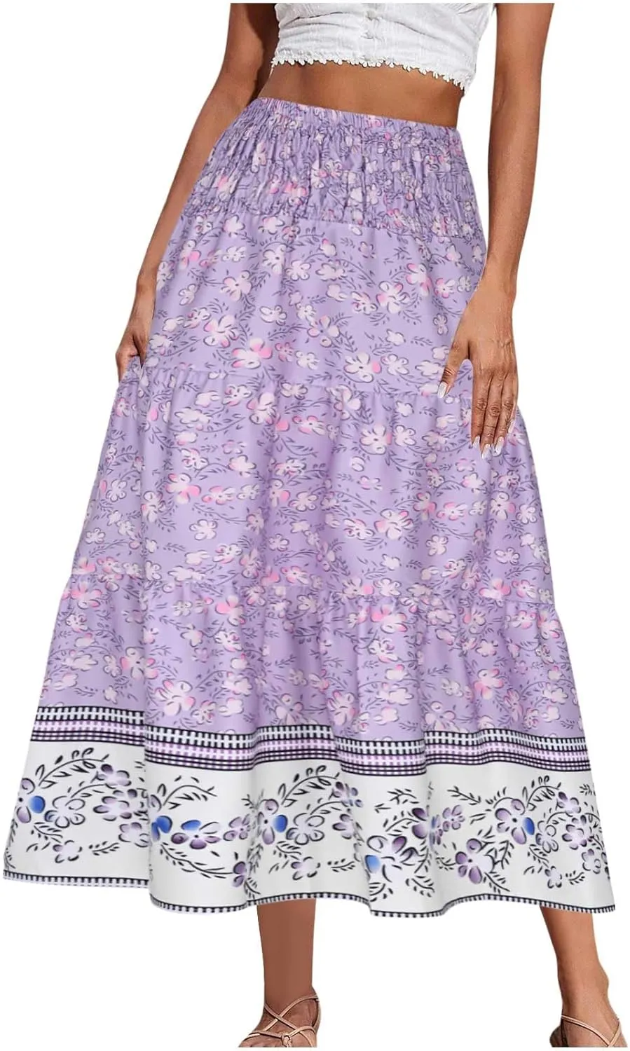 Women's Summer Midi Skirt Boho Floral Tiered Flowy Elastic High Waist A-Line Casual Skirts Beach Vacation Outfits