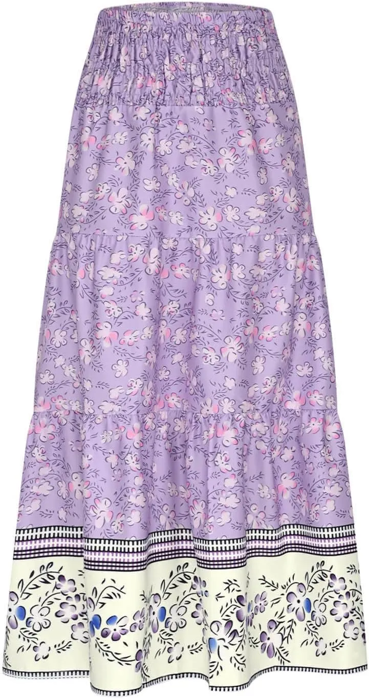 Women's Summer Midi Skirt Boho Floral Tiered Flowy Elastic High Waist A-Line Casual Skirts Beach Vacation Outfits