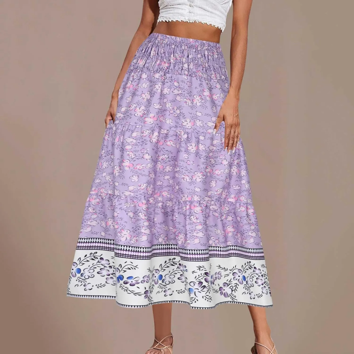 Women's Summer Midi Skirt Boho Floral Tiered Flowy Elastic High Waist A-Line Casual Skirts Beach Vacation Outfits