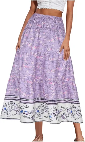 Women's Summer Midi Skirt Boho Floral Tiered Flowy Elastic High Waist A-Line Casual Skirts Beach Vacation Outfits