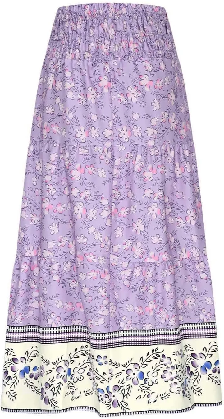 Women's Summer Midi Skirt Boho Floral Tiered Flowy Elastic High Waist A-Line Casual Skirts Beach Vacation Outfits