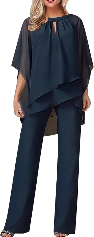 Women's Summer Outfits Dressy Lightweight Flowy Irregular Top Plus Size 2 Piece Sets Causal Work Wide Leg Pants Suits