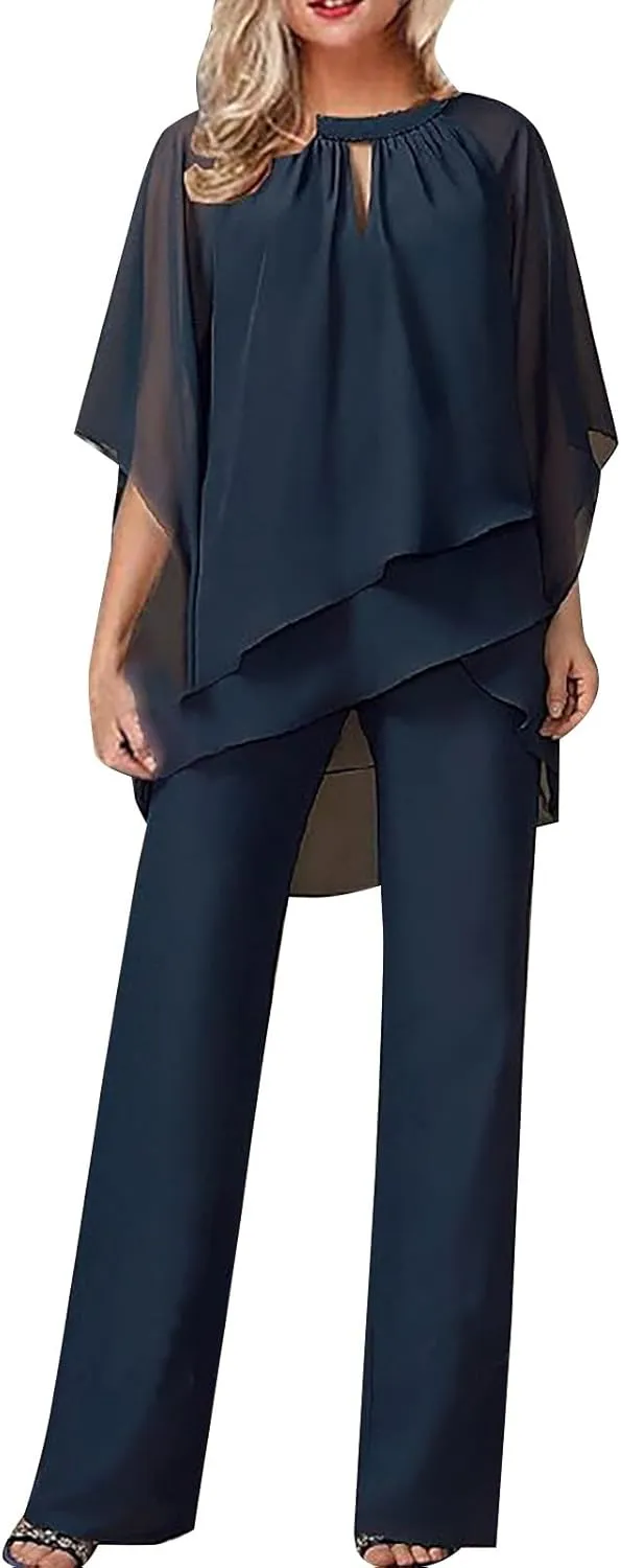 Women's Summer Outfits Dressy Lightweight Flowy Irregular Top Plus Size 2 Piece Sets Causal Work Wide Leg Pants Suits