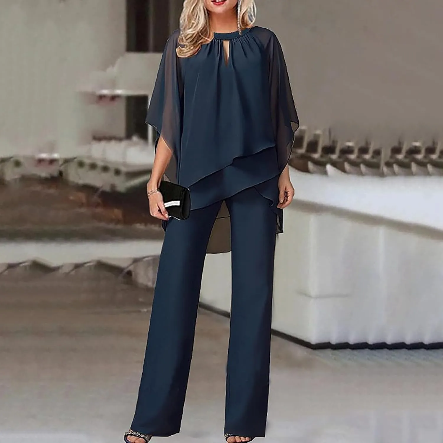 Women's Summer Outfits Dressy Lightweight Flowy Irregular Top Plus Size 2 Piece Sets Causal Work Wide Leg Pants Suits
