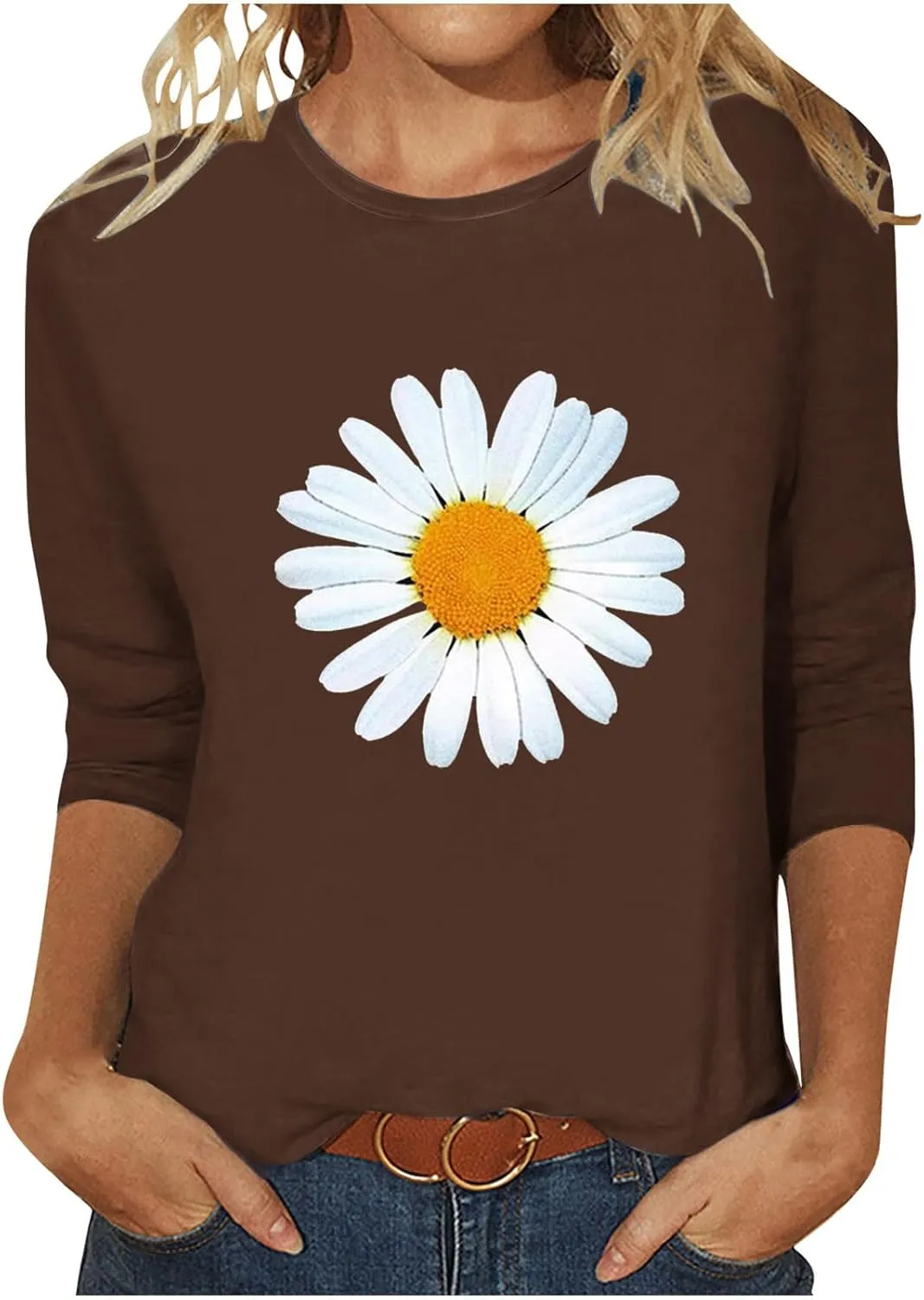 Womens Summer Tops Fashion Daisy Print Daily Shirts 3/4 Sleeve Casual Crew Neck T Shirt Dressy Tunic Blouses