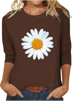 Womens Summer Tops Fashion Daisy Print Daily Shirts 3/4 Sleeve Casual Crew Neck T Shirt Dressy Tunic Blouses