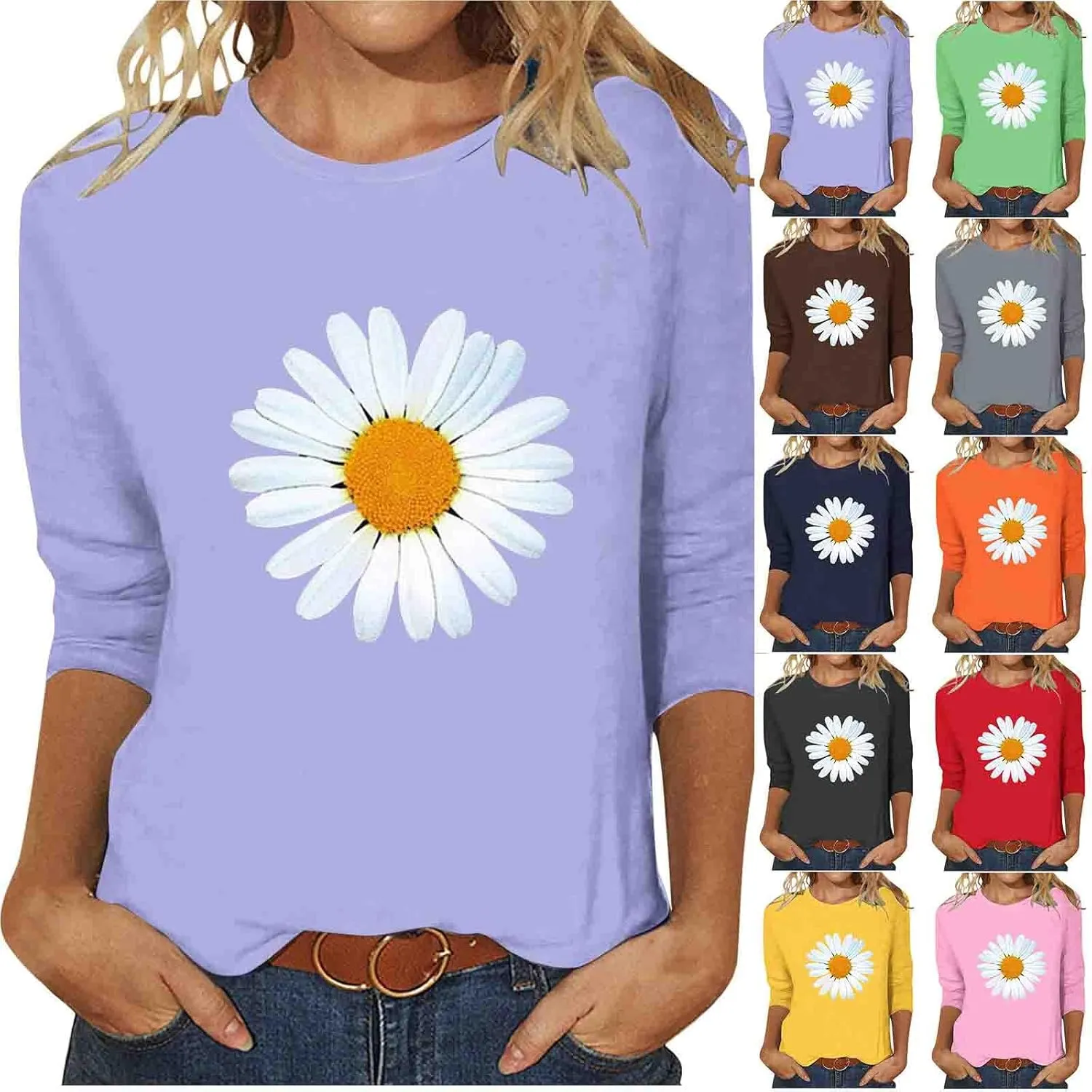 Womens Summer Tops Fashion Daisy Print Daily Shirts 3/4 Sleeve Casual Crew Neck T Shirt Dressy Tunic Blouses