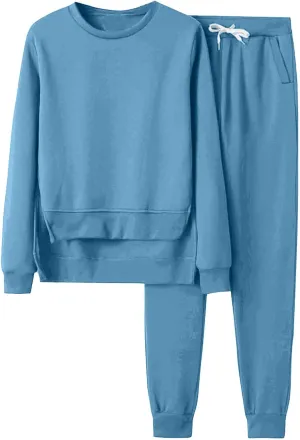 Womens Sweatsuits 2 Piece Set Fleece Lined Lounge Sets High Low Side Split Sweatshirt Joggers with Pockets