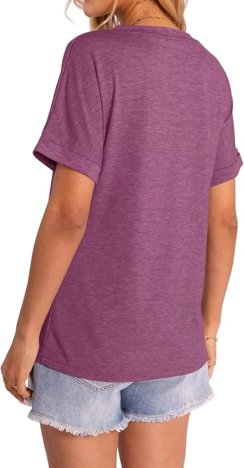 Women's T-Shirts Rolled Short Sleeve Shirts Crewneck Summer Tops Solid Loose Casual Tees Shirts