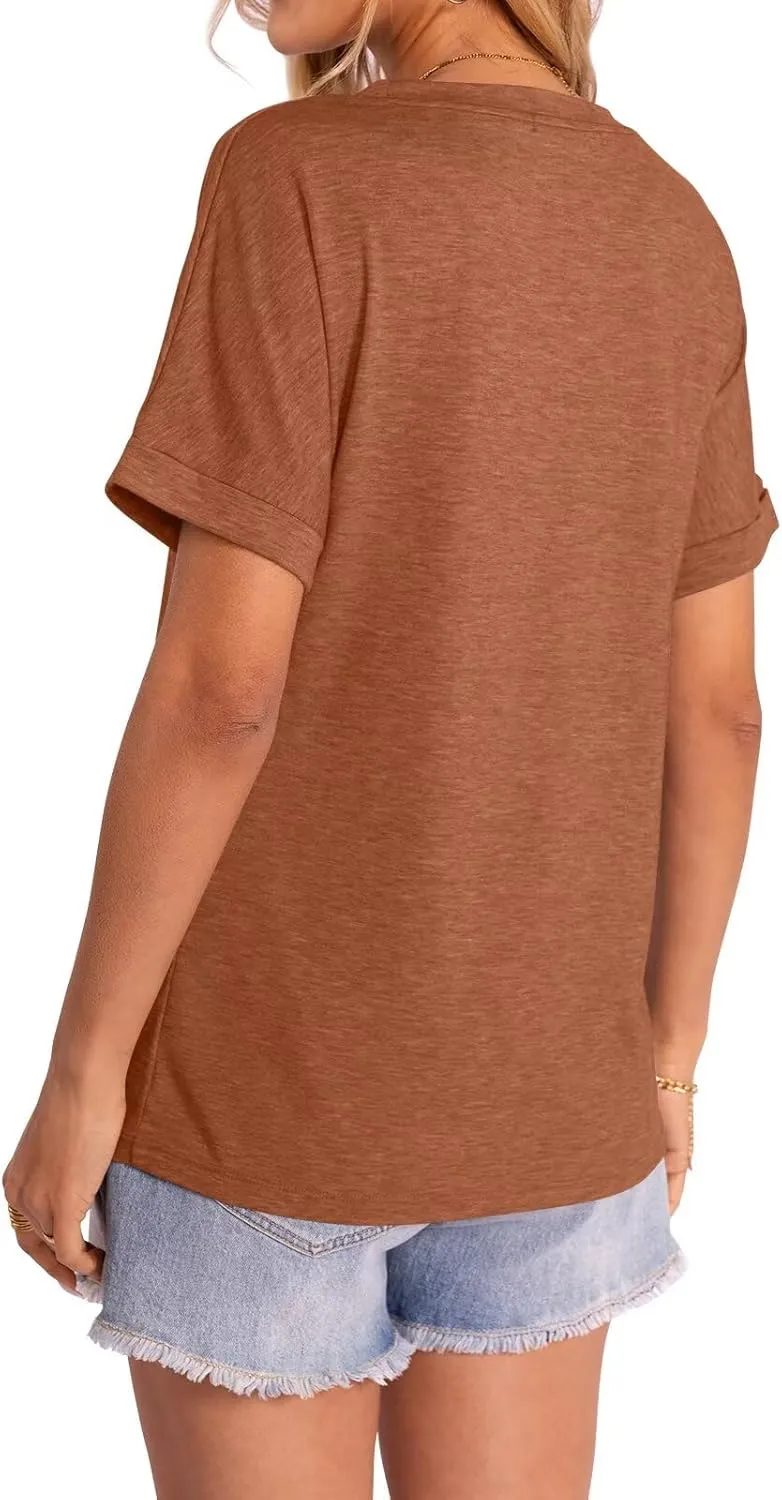 Women's T-Shirts Rolled Short Sleeve Shirts Crewneck Summer Tops Solid Loose Casual Tees Shirts