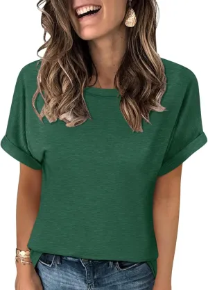 Women's T-Shirts Rolled Short Sleeve Shirts Crewneck Summer Tops Solid Loose Casual Tees Shirts