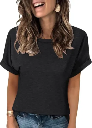 Women's T-Shirts Rolled Short Sleeve Shirts Crewneck Summer Tops Solid Loose Casual Tees Shirts