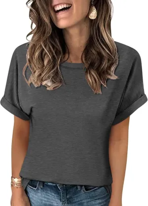 Women's T-Shirts Rolled Short Sleeve Shirts Crewneck Summer Tops Solid Loose Casual Tees Shirts
