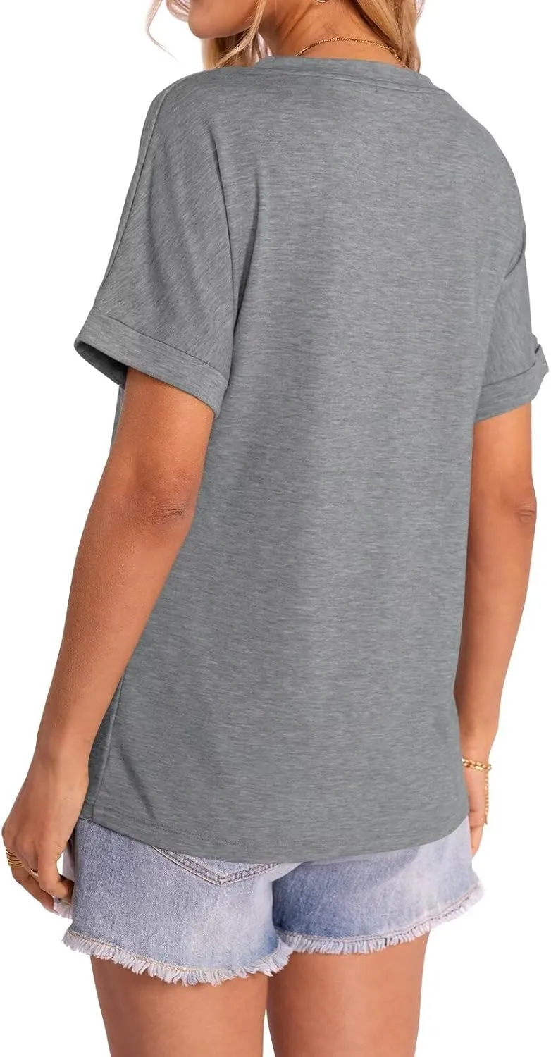 Women's T-Shirts Rolled Short Sleeve Shirts Crewneck Summer Tops Solid Loose Casual Tees Shirts