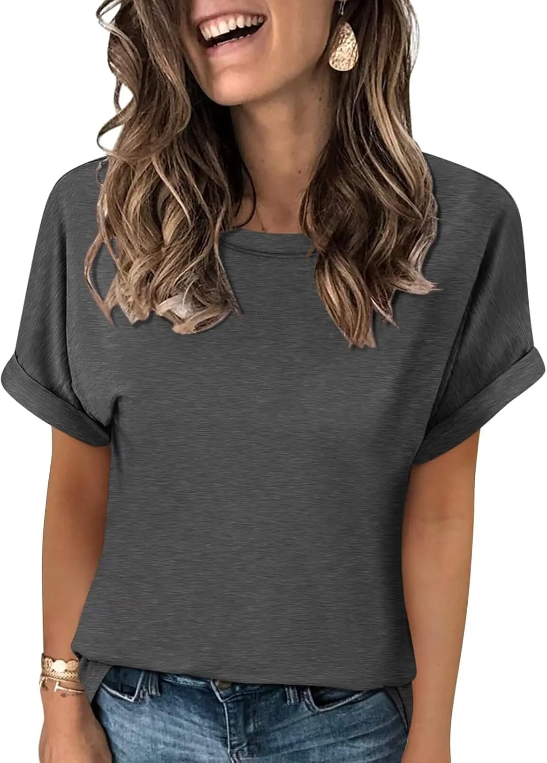 Women's T-Shirts Rolled Short Sleeve Shirts Crewneck Summer Tops Solid Loose Casual Tees Shirts