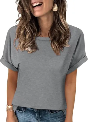 Women's T-Shirts Rolled Short Sleeve Shirts Crewneck Summer Tops Solid Loose Casual Tees Shirts