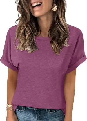 Women's T-Shirts Rolled Short Sleeve Shirts Crewneck Summer Tops Solid Loose Casual Tees Shirts